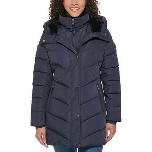 NWT Andrew Marc Women's Faux Fur Hooded Walker Jacket Blue Size L $180 FFF325